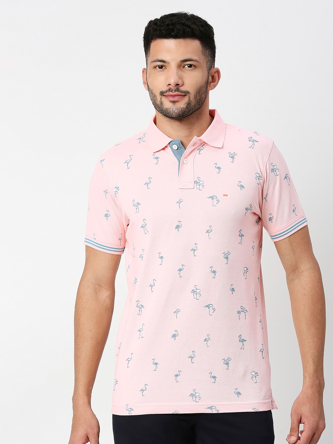 

Basics Conversational Printed Polo Collar Cotton Slim Fit T-shirt, Pink