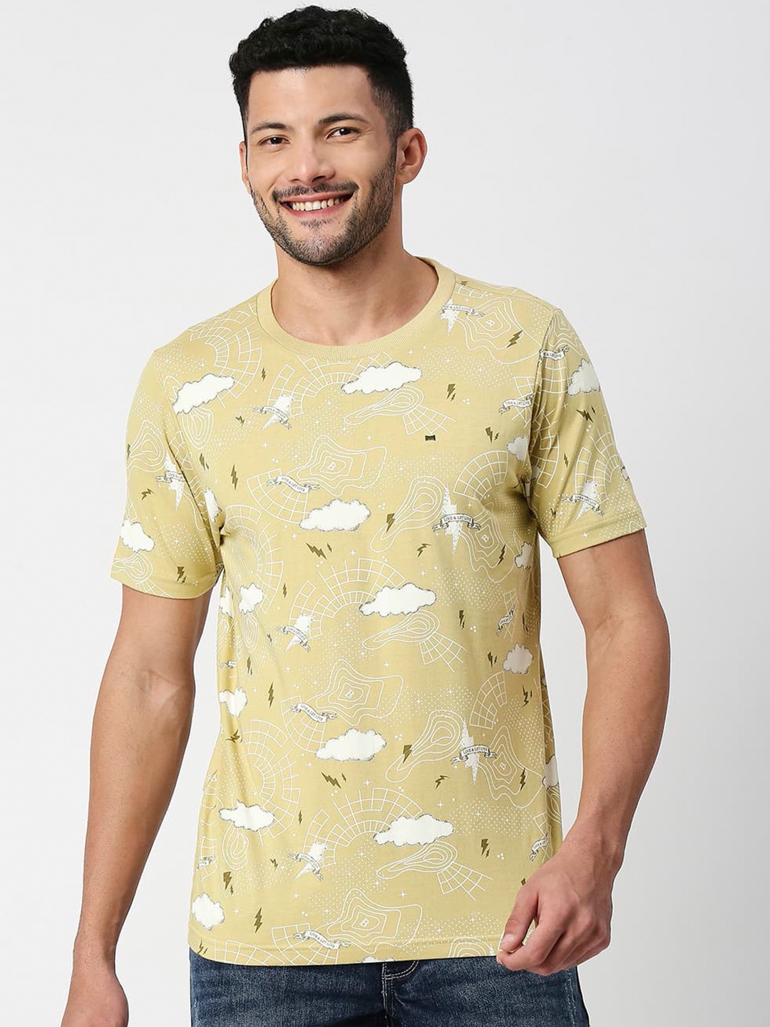 

Basics Conversational Printed Cotton Slim Fit T-shirt, Khaki