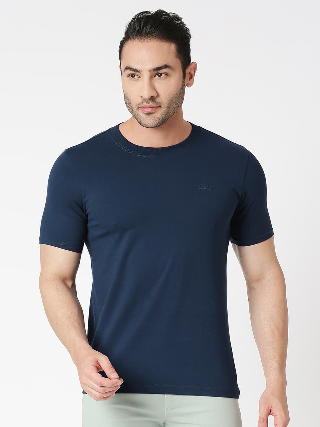 

Basics Round Neck Cotton Slim Fit T-shirt, Navy blue