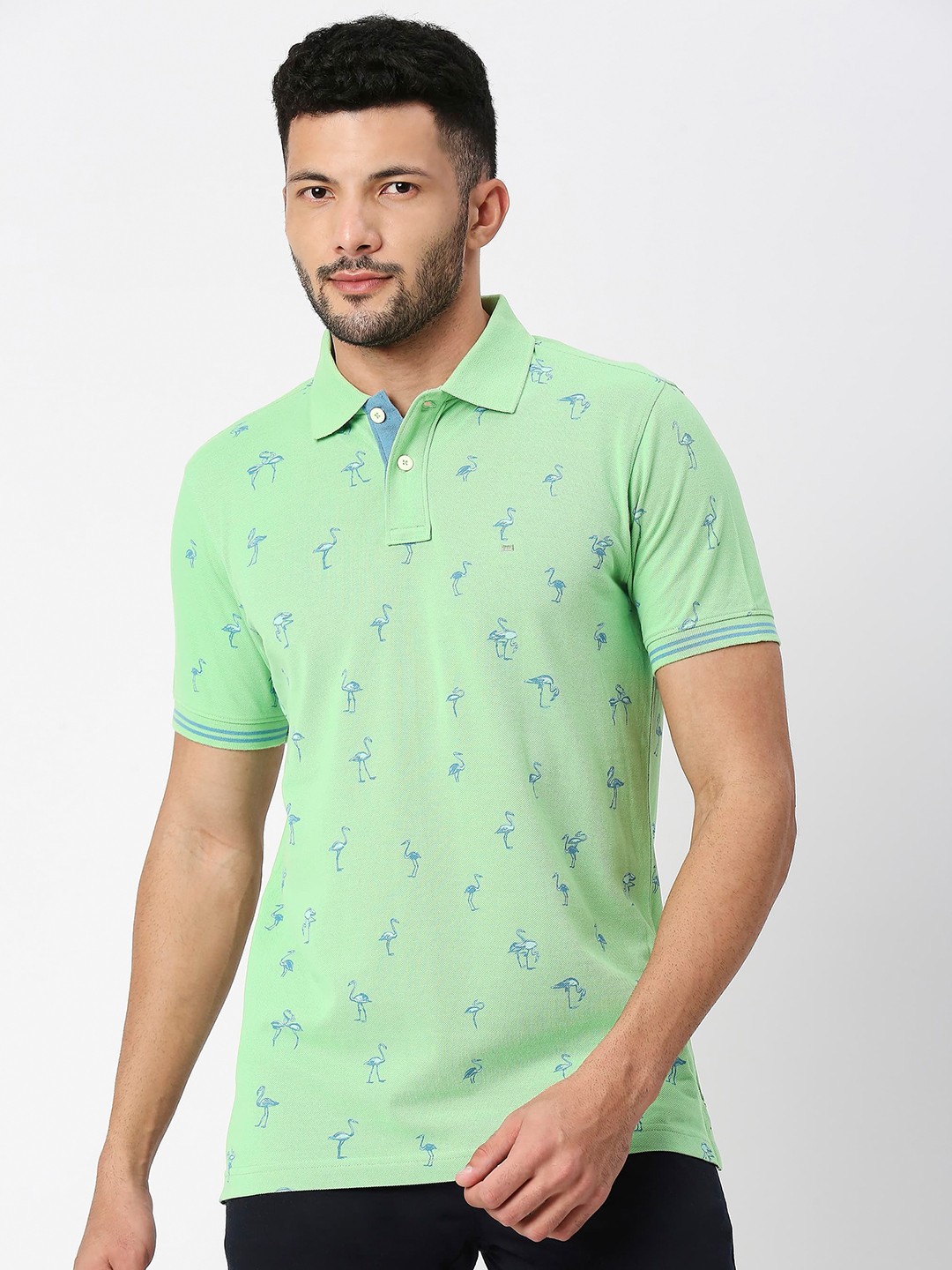 

Basics Conversational Printed Polo Collar Cotton Slim Fit T-shirt, Green
