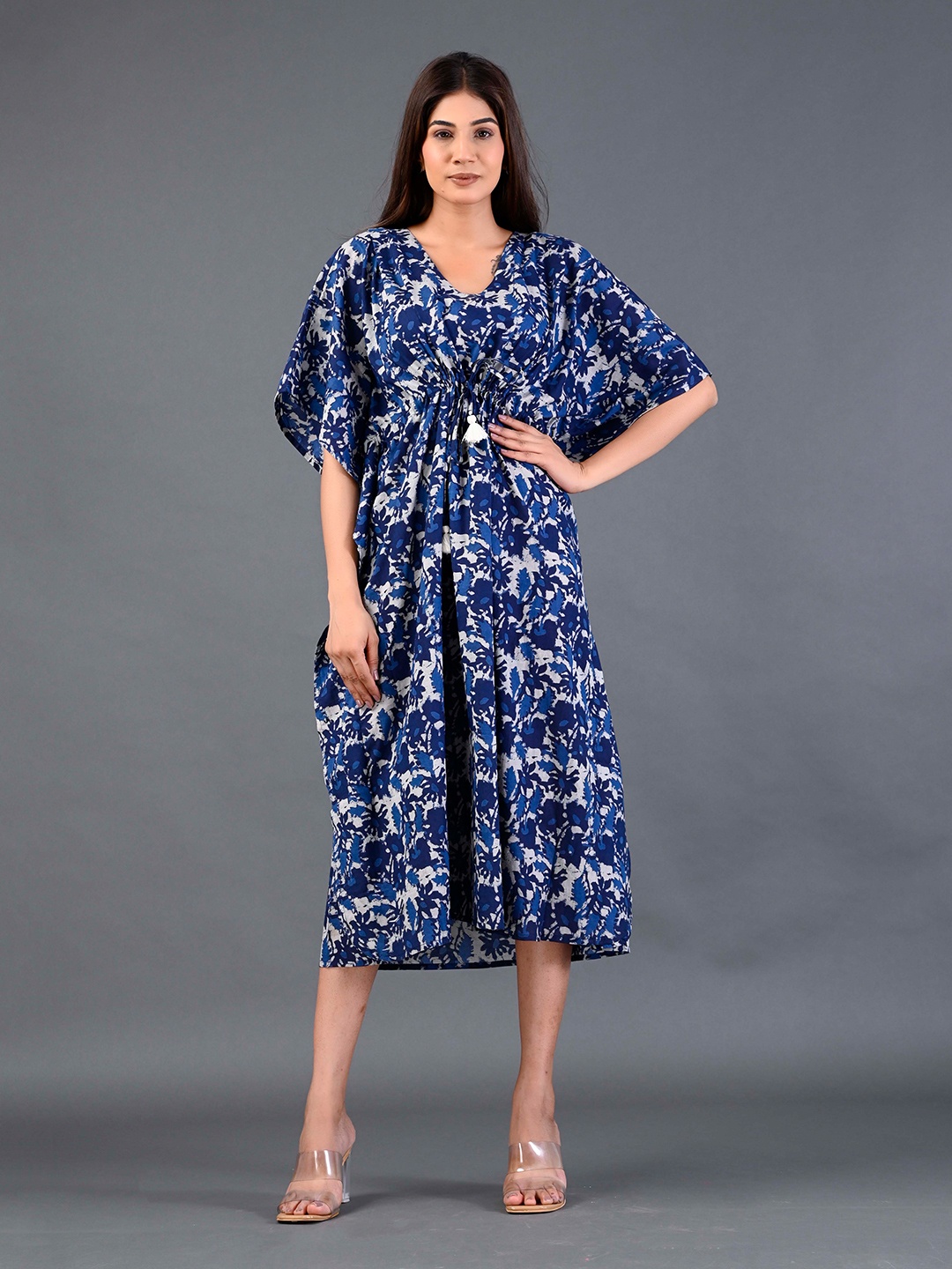

SHOOLIN Floral Printed Flared Sleeve Gathered Pure Cotton Kaftan Midi Dress, Blue