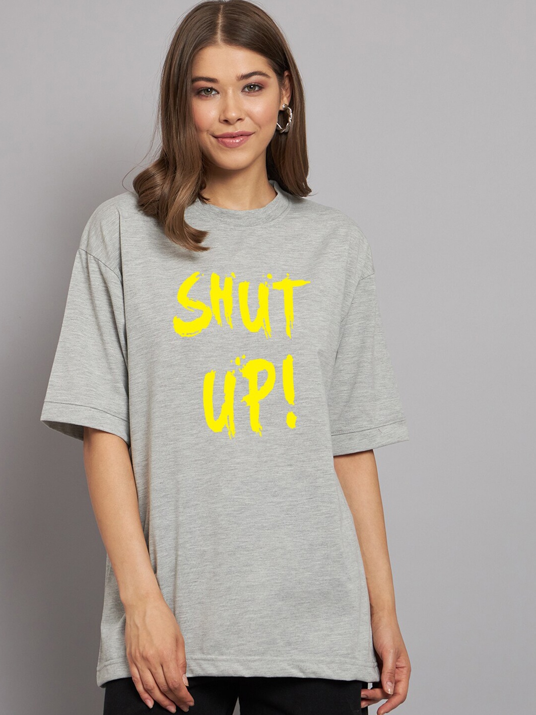 

Imsa Moda Typography Printed Drop-Shoulder Sleeves Cotton Oversized T-Shirt, Grey