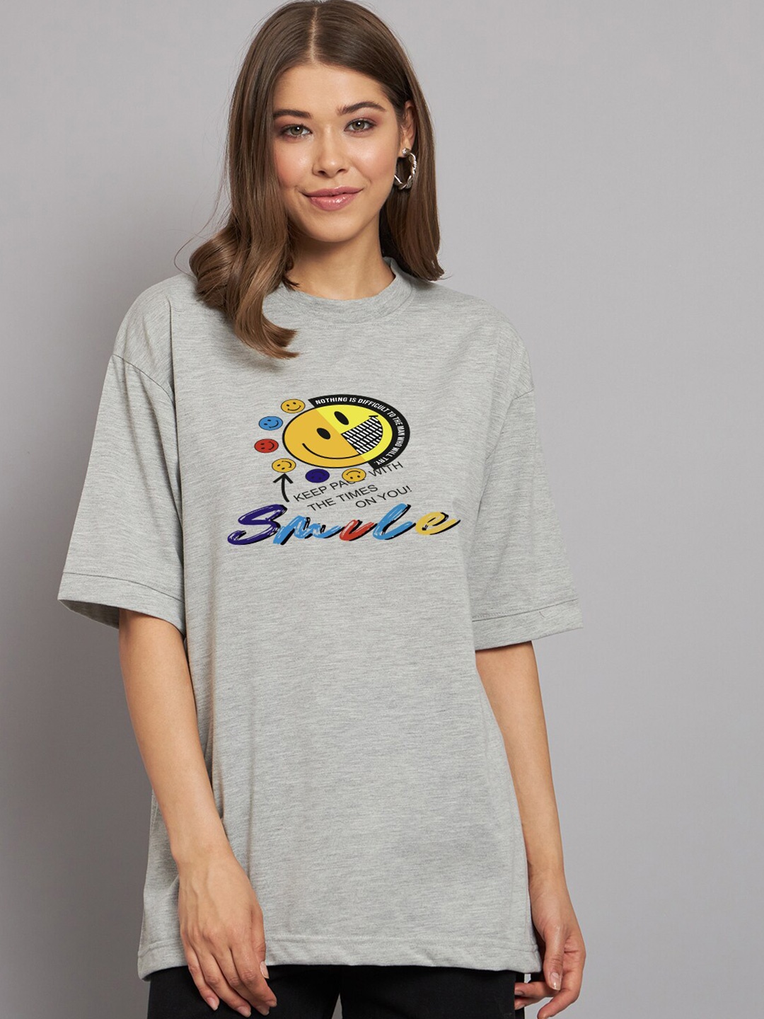 

Imsa Moda Graphic Printed Oversized Longline Cotton T-shirt, Grey