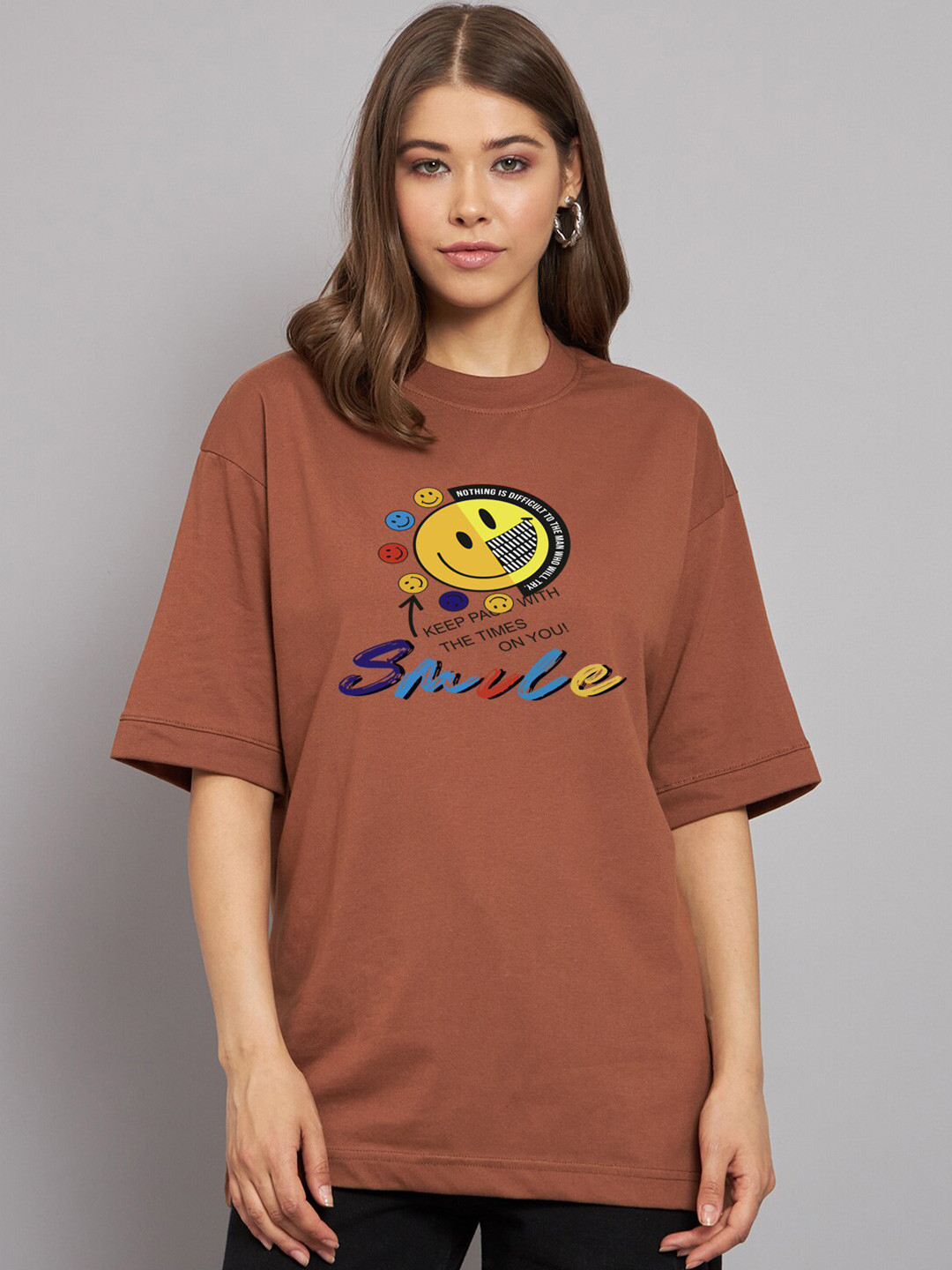 

Imsa Moda Drop-Shoulder Sleeves Graphic Printed Oversized Longline Cotton T-shirt, Coffee brown