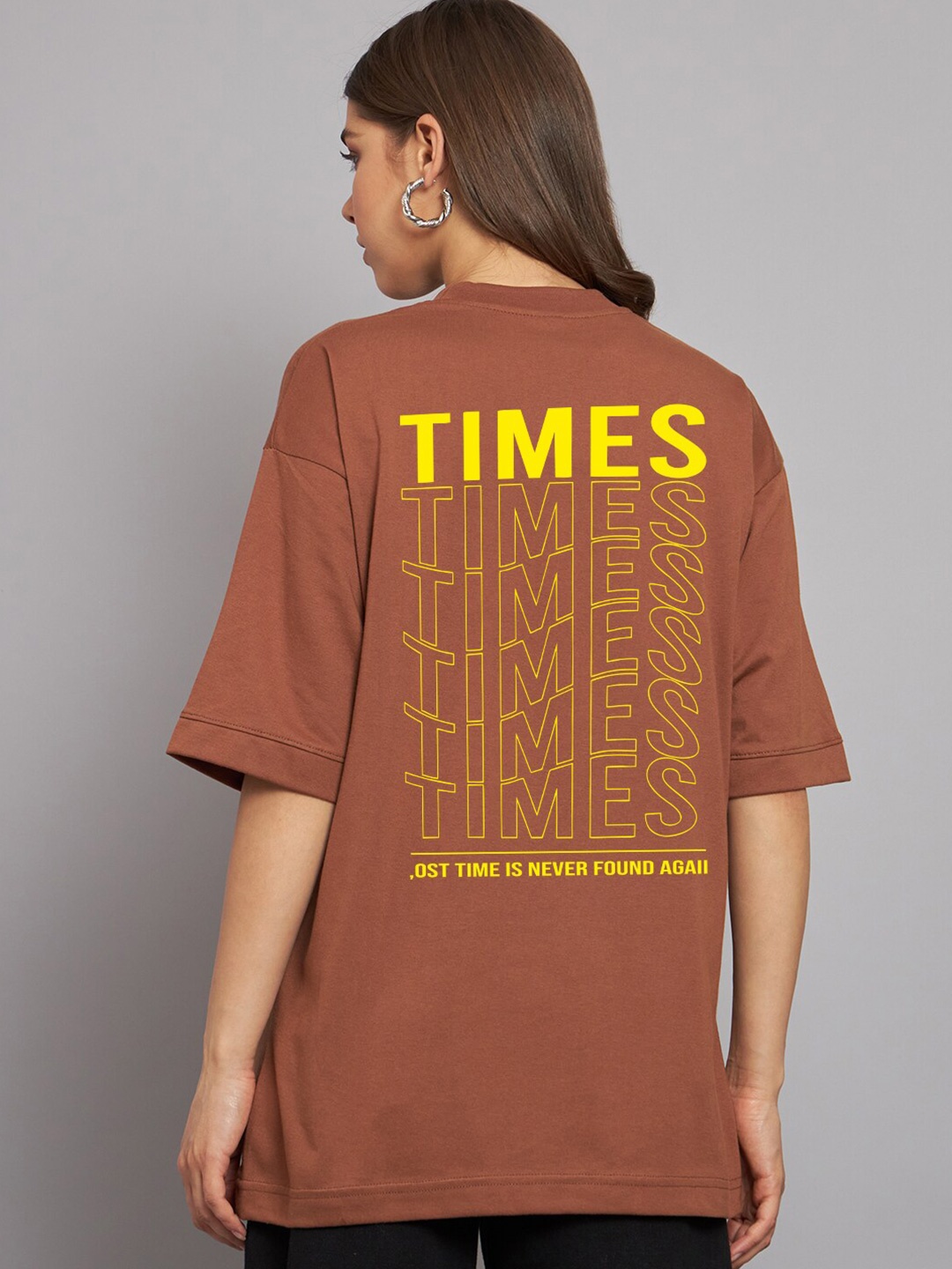 

Imsa Moda Typography Printed Round Neck Cotton Oversized T-shirt, Coffee brown