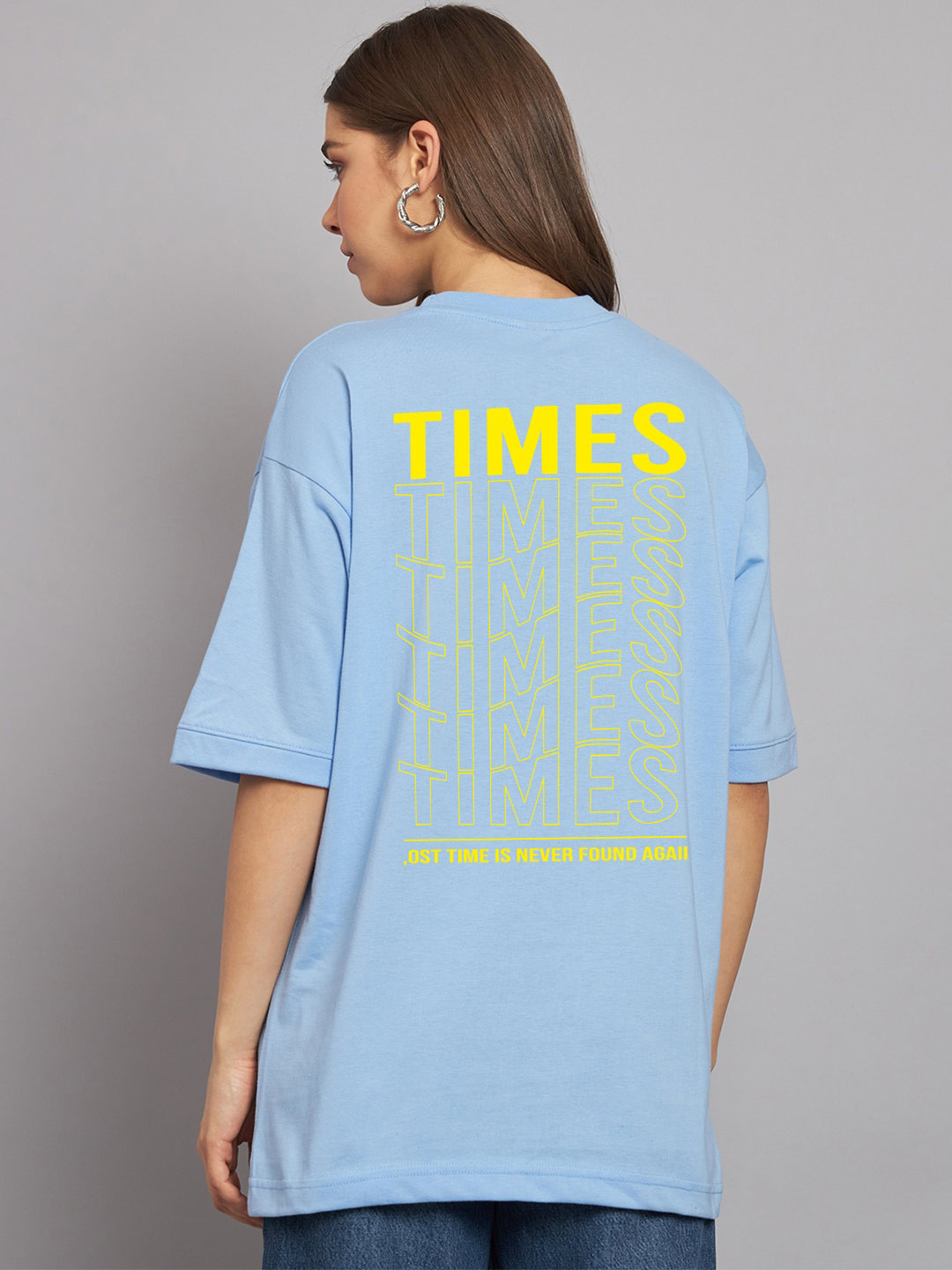 

Imsa Moda Typography Printed Drop-Shoulder Sleeves Cotton Oversized T-shirt, Blue