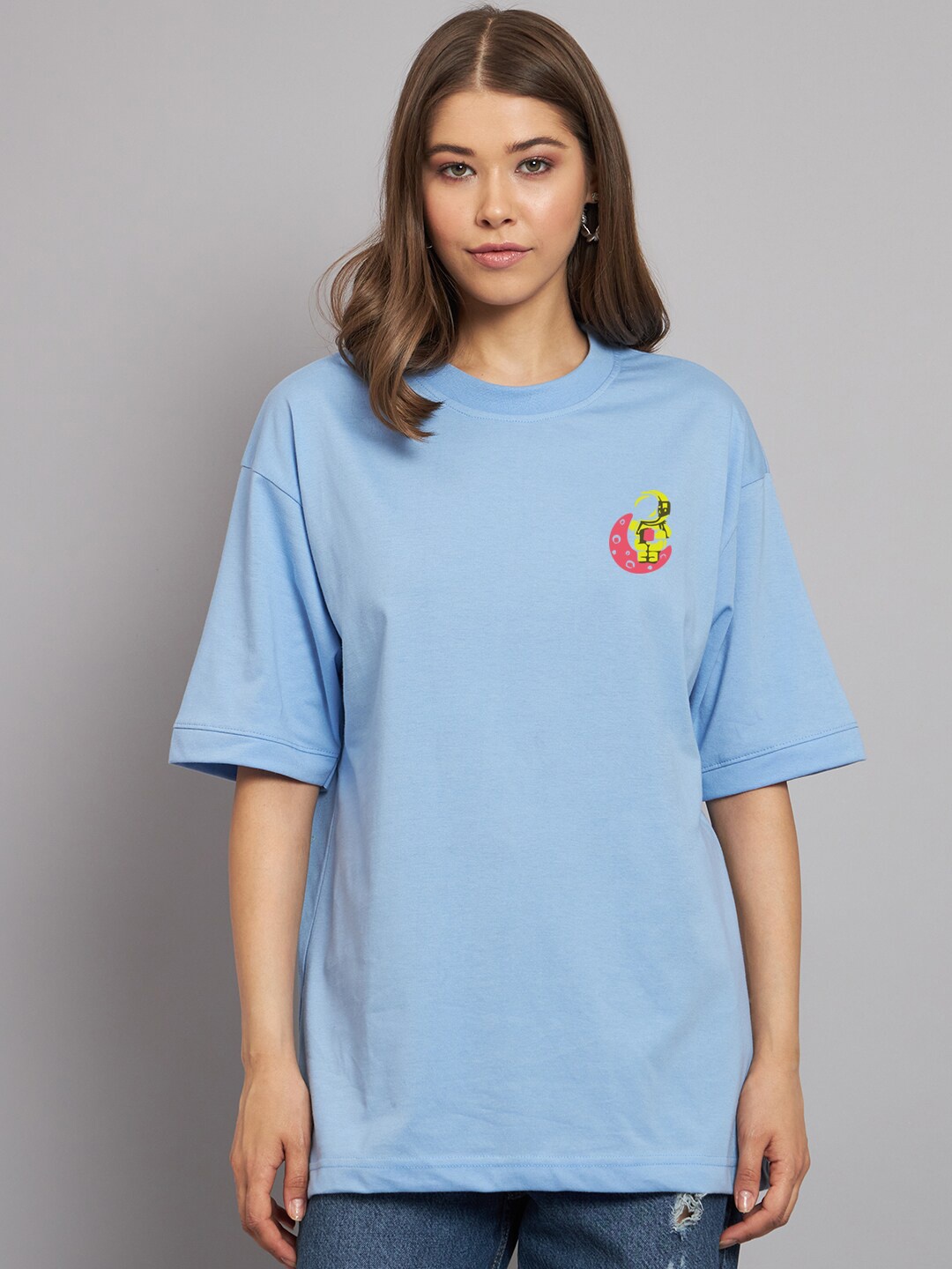

Imsa Moda Typography Printed Drop Shoulder Cotton Oversized Longline T-shirt, Blue