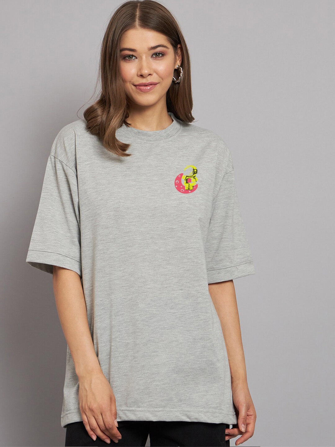 

Imsa Moda Typography Printed Drop Shoulder Cotton Oversized Longline T-shirt, Grey