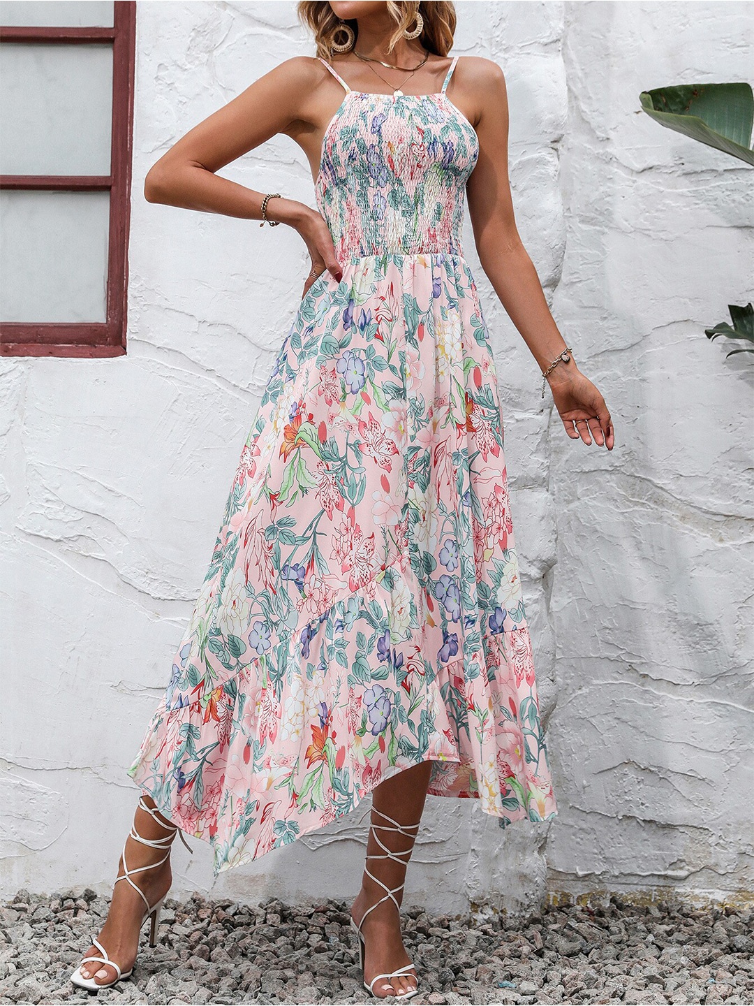 

BoStreet Pink Floral Printed Shoulder Straps Smocked Detailed Fit & Flare Dress