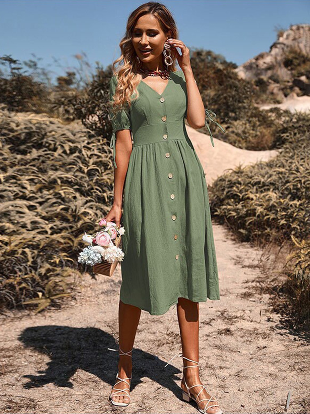 

BoStreet Green V-Neck A-Line Dress