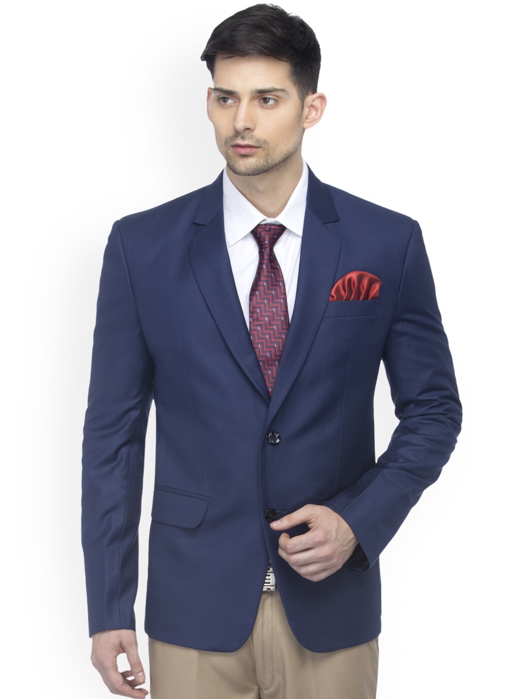 

FAVOROSKI Navy Wool Slim Fit Single-Breasted Formal Blazer, Navy blue