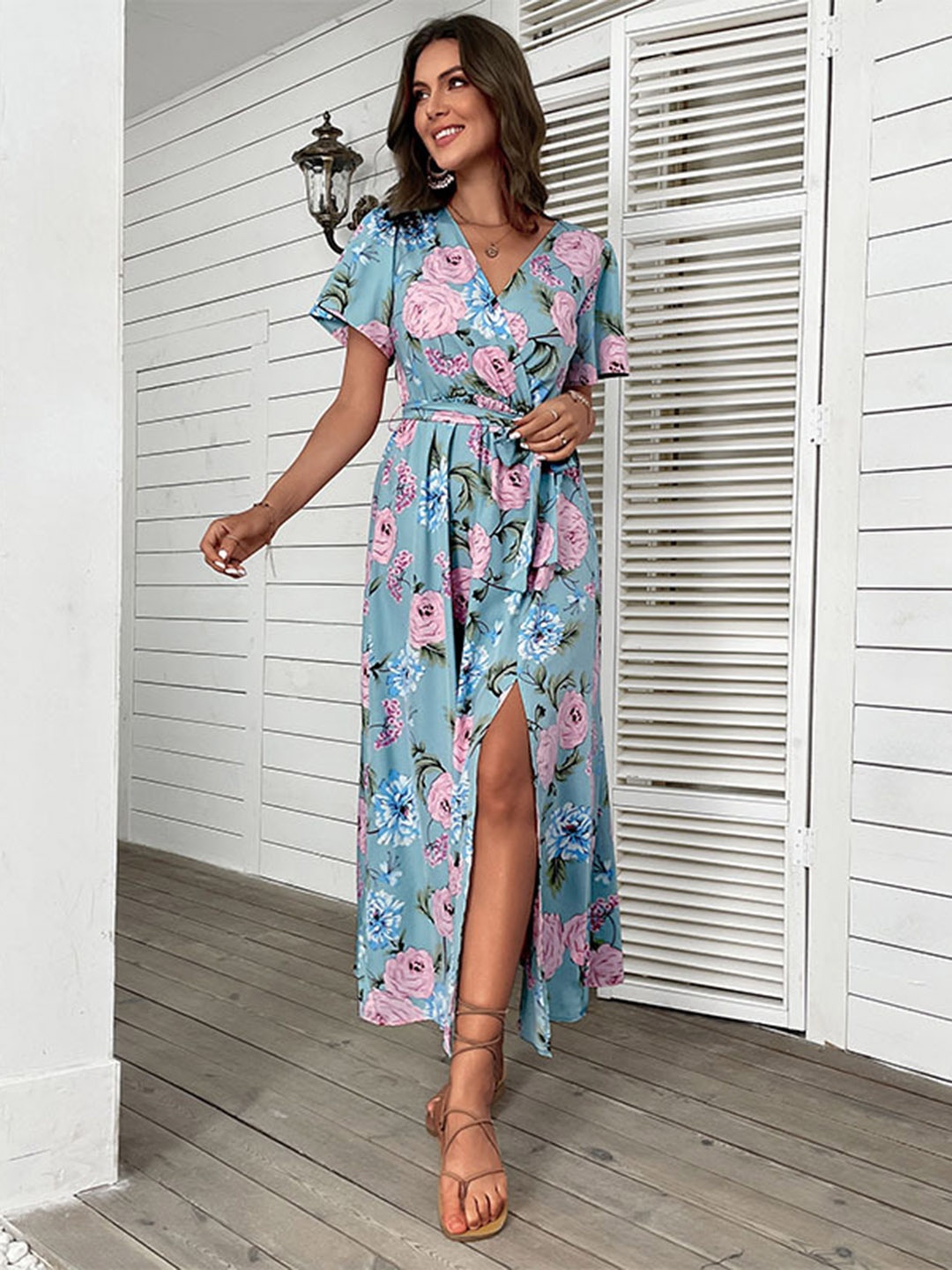 

StyleCast Blue Floral Printed Maxi Wrap Dress