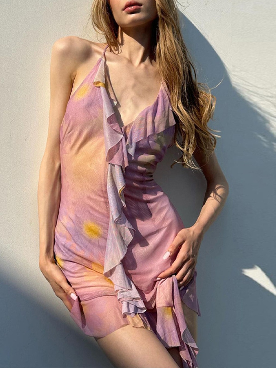 

BoStreet Pink Abstract Printed Ruffled Bodycon Dress