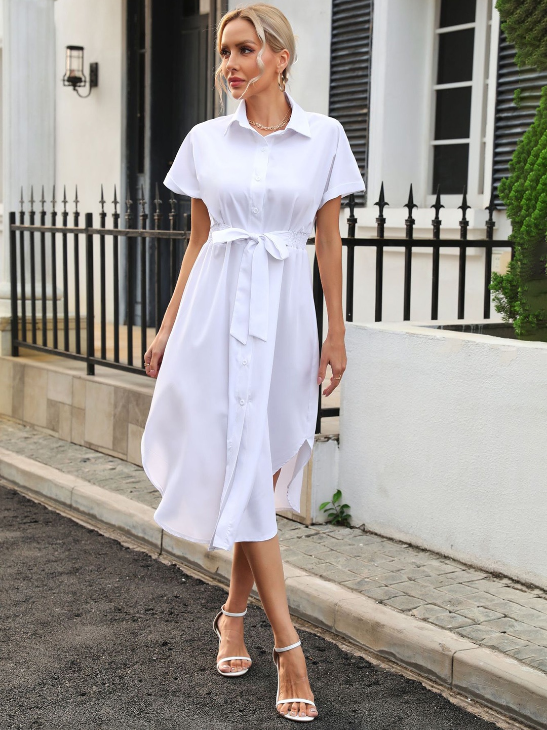 

StyleCast White Shirt Collar Tie-Ups Detail Shirt Midi Dress