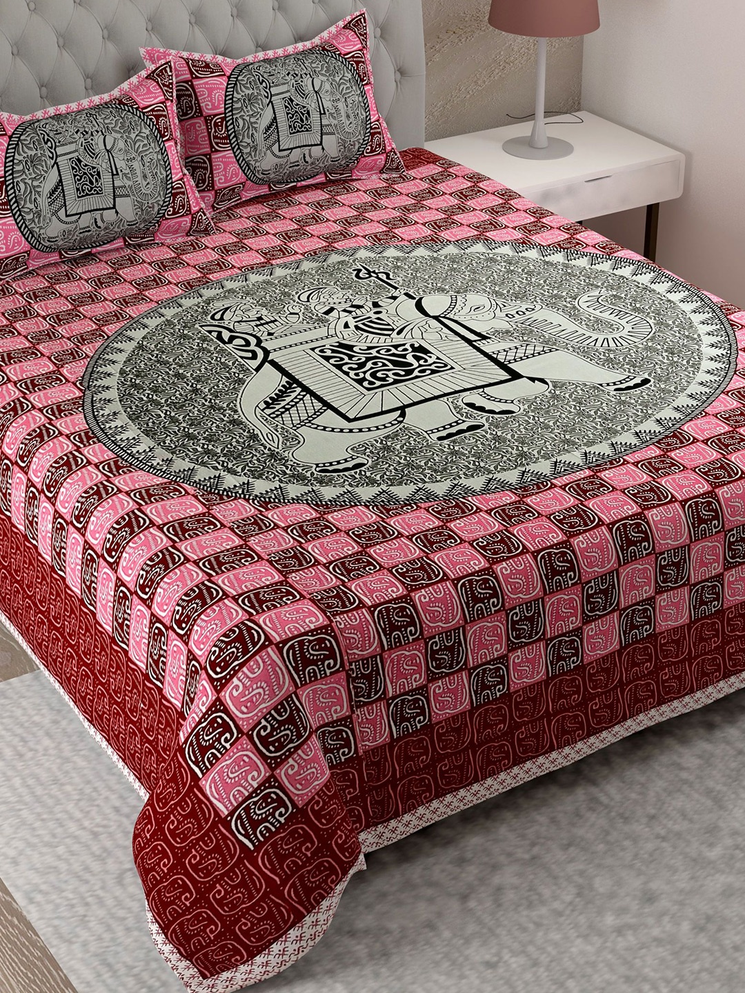 

Lali Prints Block Print Pink & Black Printed Cotton 180 TC King Bedsheet & 2 Pillow Covers