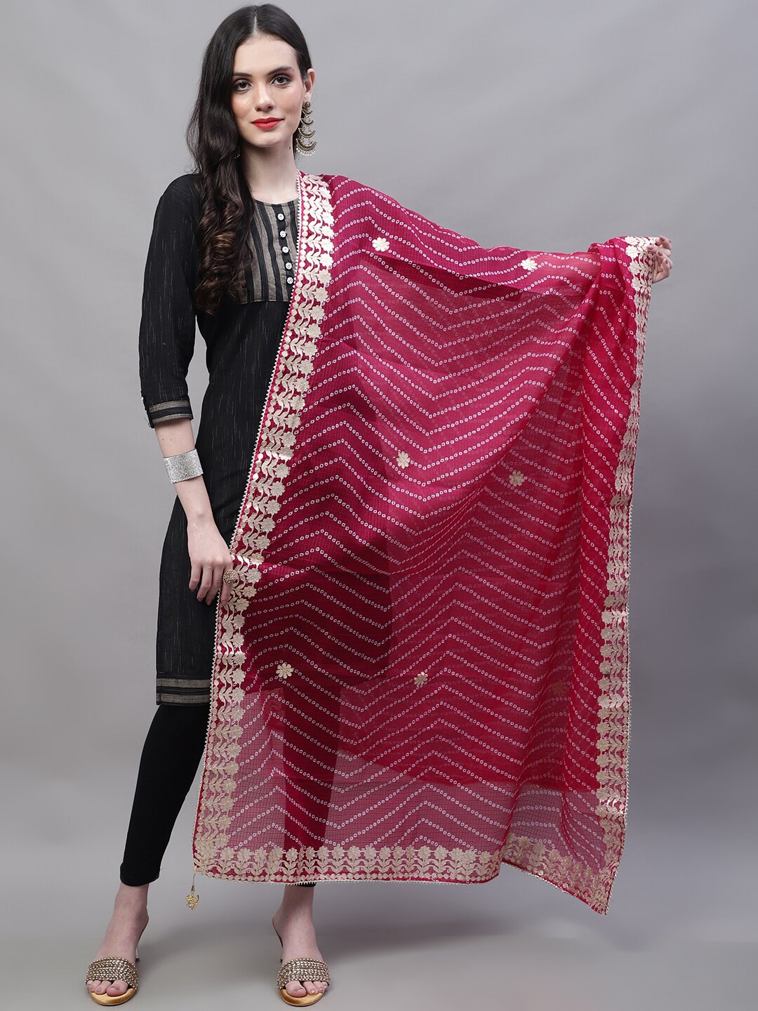 

SOUNDARYA Leheriya Printed Gotta Patti Pure Cotton Dupatta, Magenta
