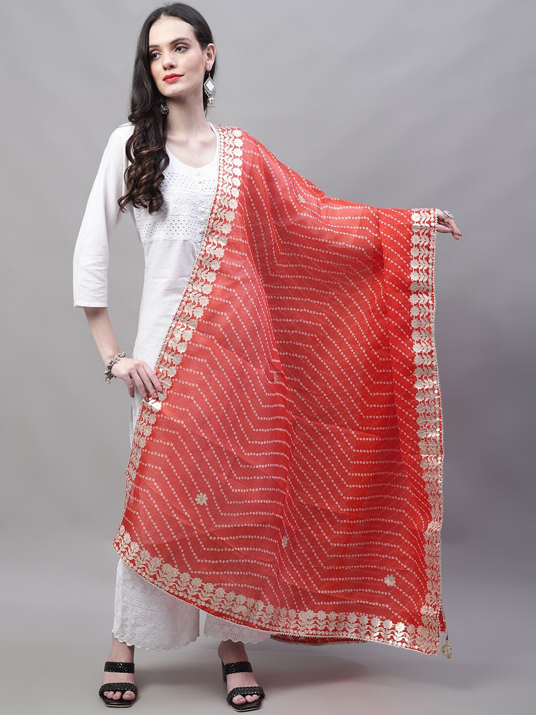 

SOUNDARYA Leheriya Printed Gotta Patti Pure Cotton Dupatta, Red