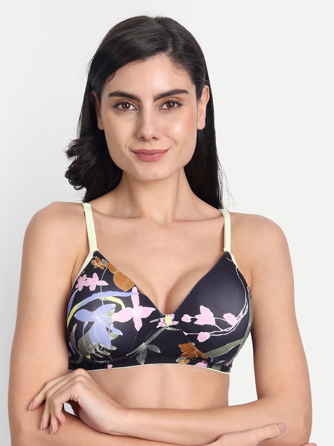 

Aimly Floral Printed Full Coverage Seamless Heavily Padded Non-Wired Dry-Fit Push-Up Bra, Green