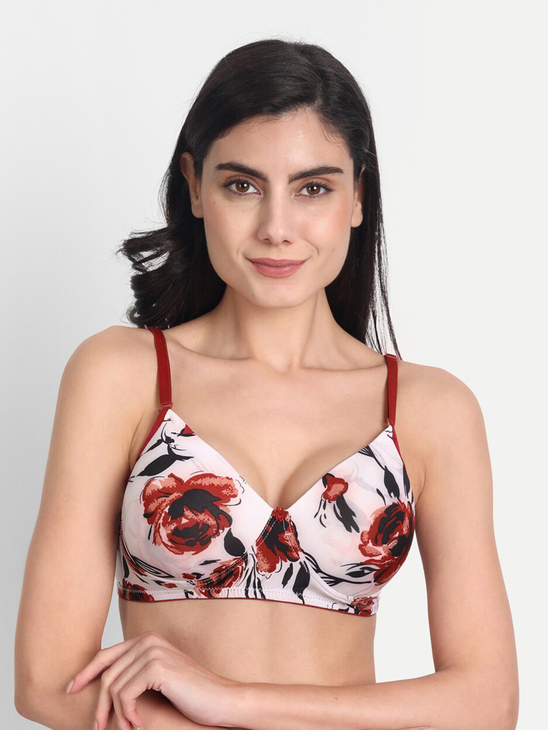 

Aimly Floral Printed Full Coverage Seamless Heavily Padded Non-Wired Dry-Fit Push-Up Bra, Maroon