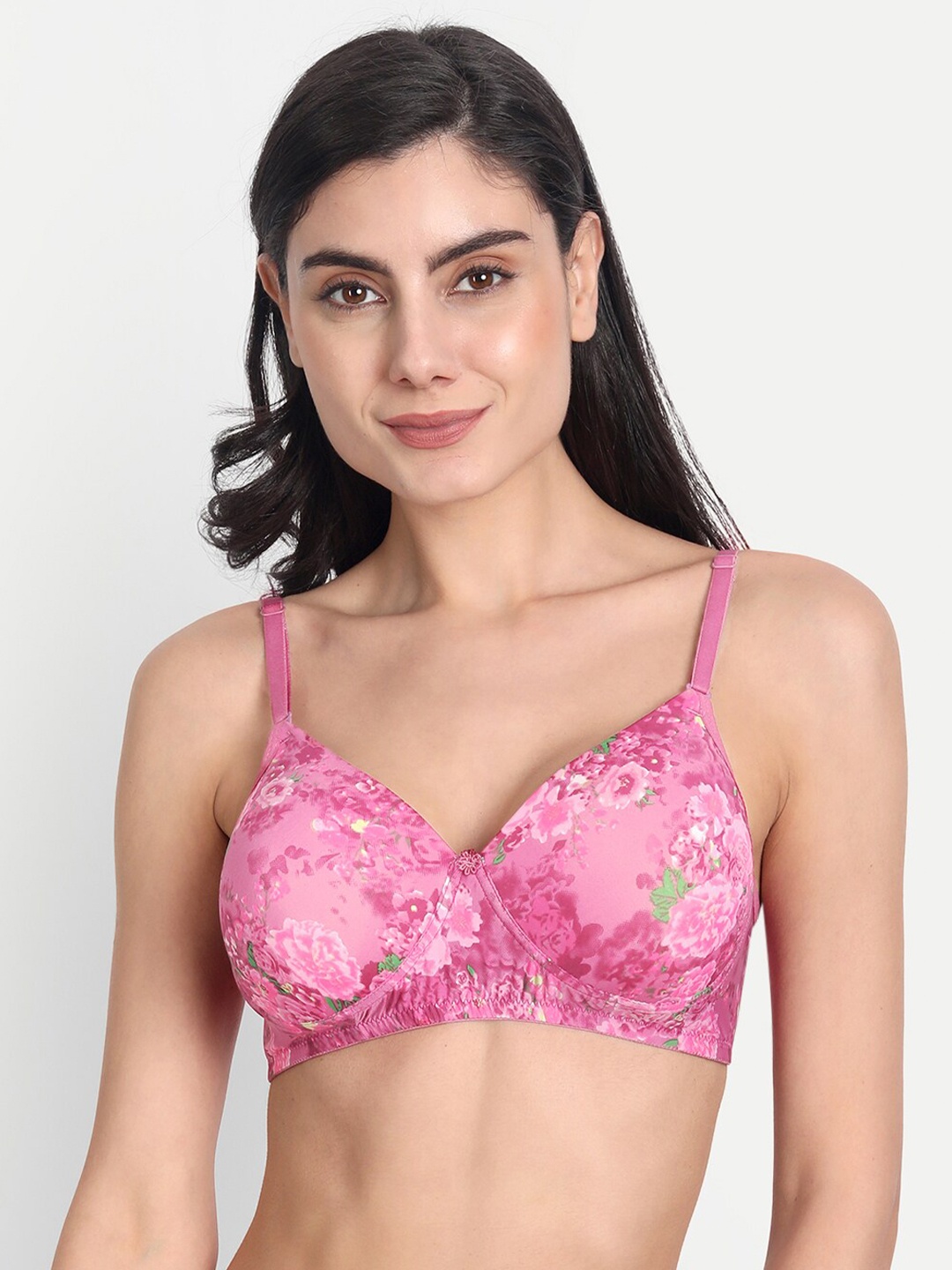 

Aimly Floral Printed Full Coverage Seamless Heavily Padded Non-Wired Dry-Fit Push-Up Bra, Pink