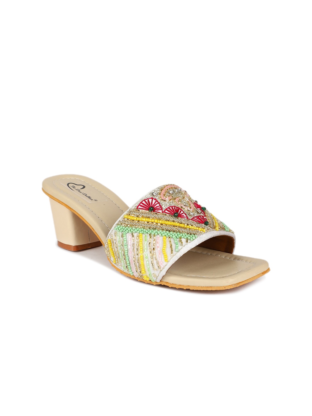 

The Desi Dulhan Ethnic Embellished Open Toe Block Heels, Cream