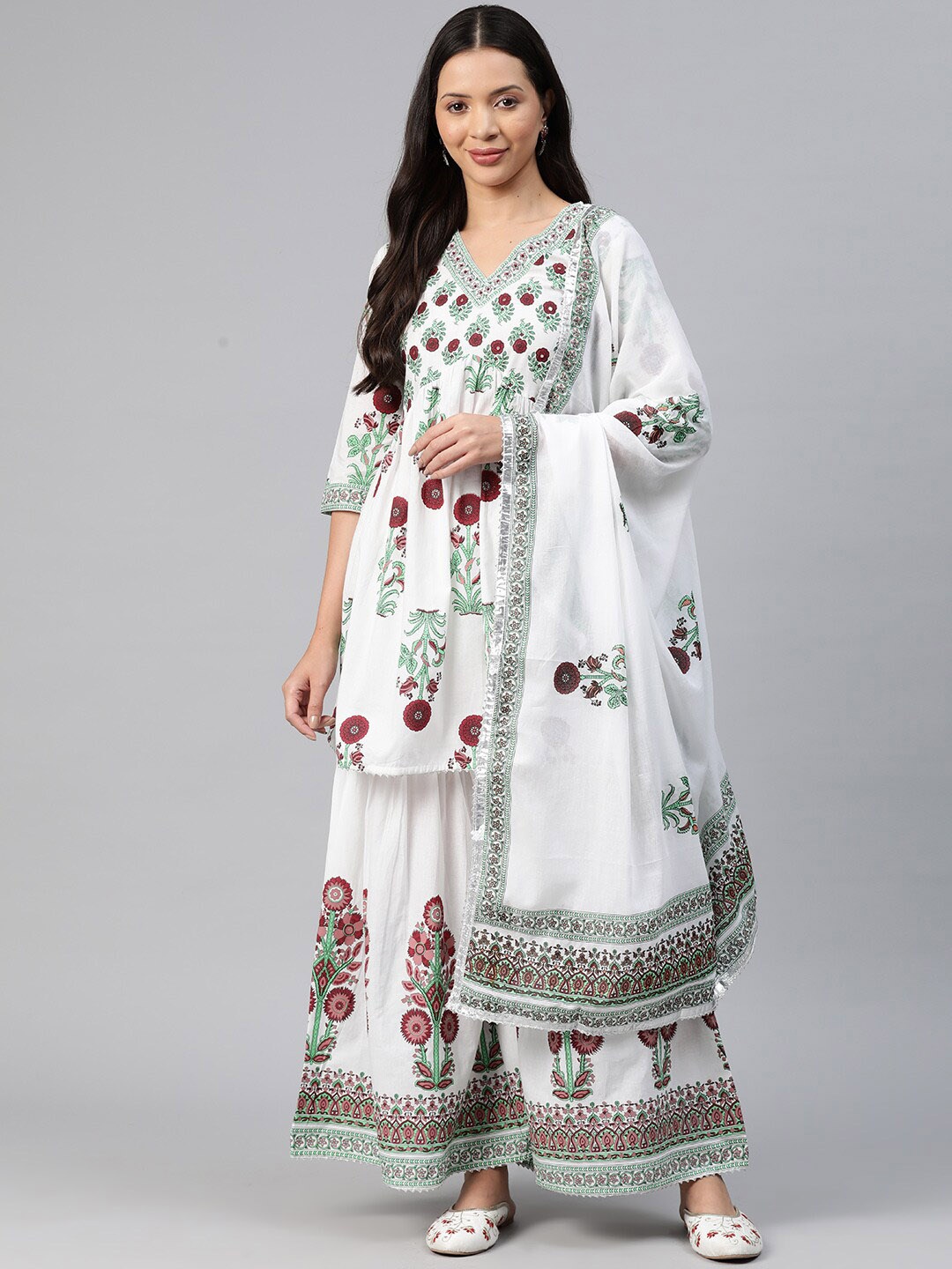 

OMASK Floral Printed Empire Kurta with Sharara & With Dupatta, White