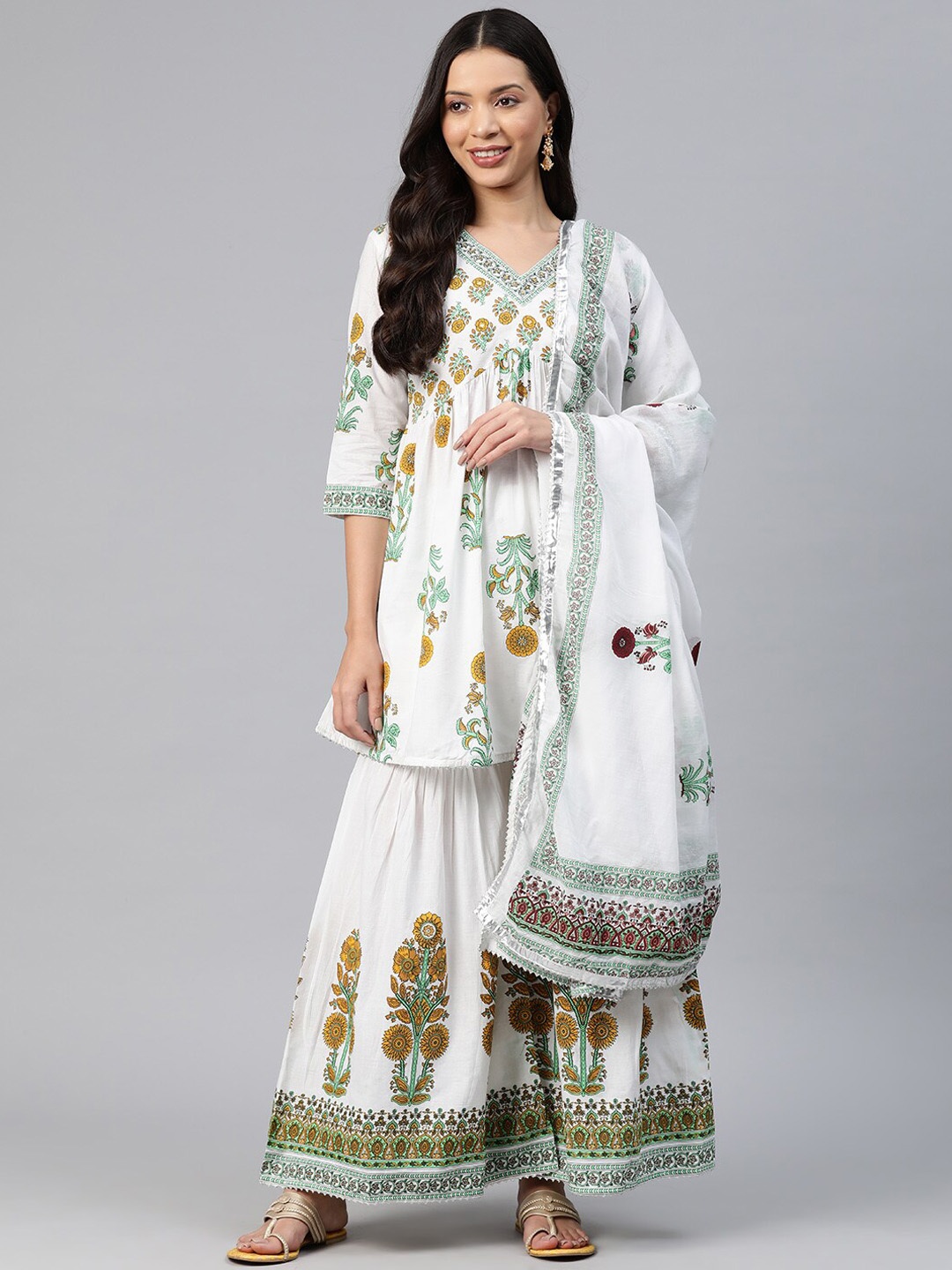 

OMASK Ethnic Motif Printed Kurta with Sharara & Dupatta, White