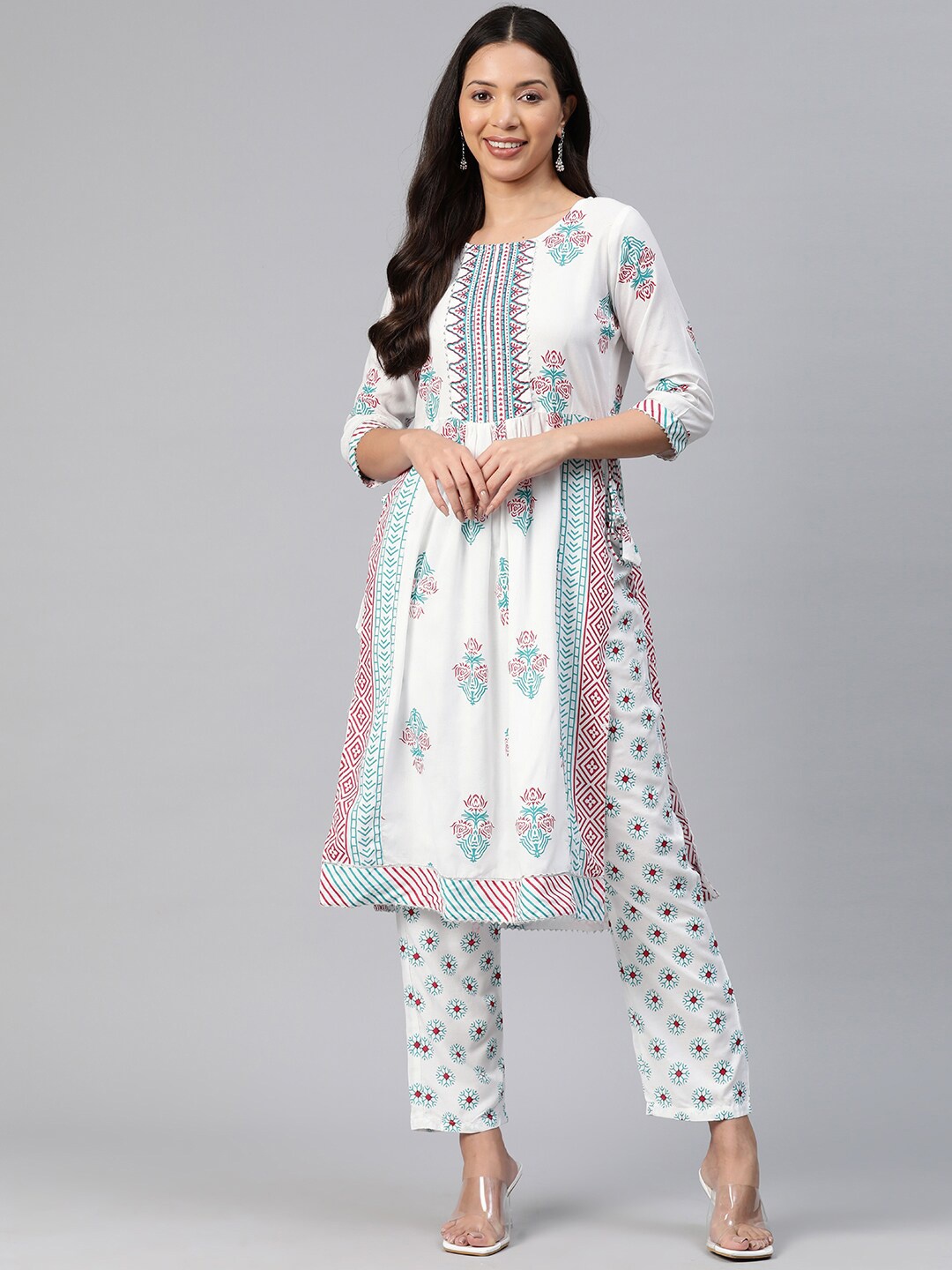 

OMASK Ethnic Motifs Printed Regular Kurta with Trousers, White