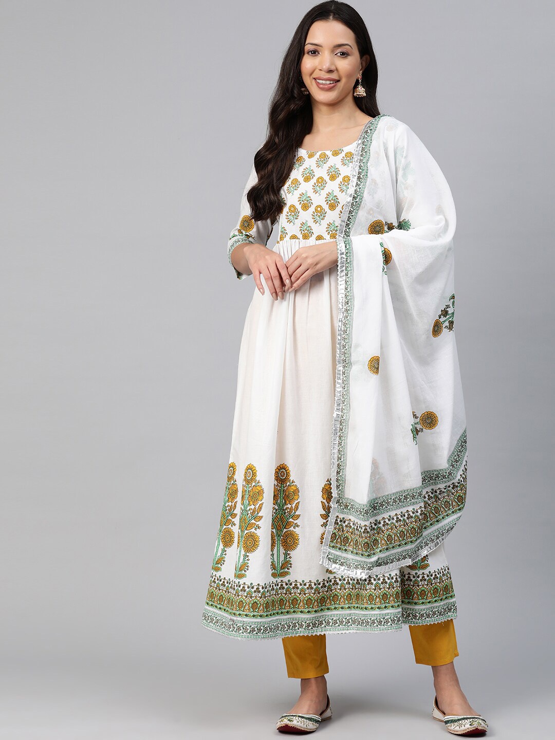 

OMASK Floral Printed Anarkali Kurta with Pyjamas & With Dupatta, White