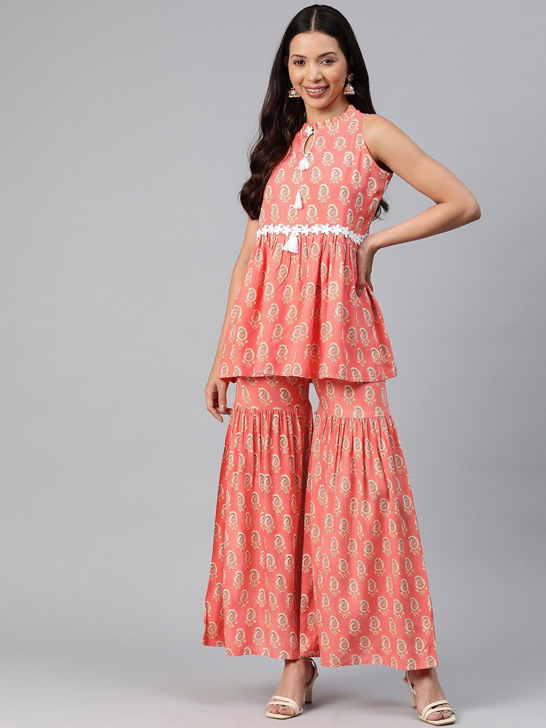 

OMASK Ethnic Motifs Printed Empire Kurti with Palazzos, Peach