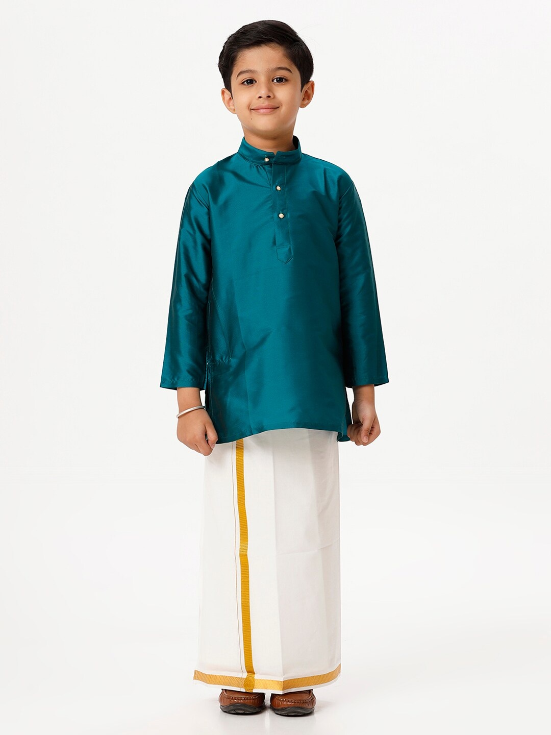 

Ramraj Boys Mandarin Collar Kurta with Veshti, Teal