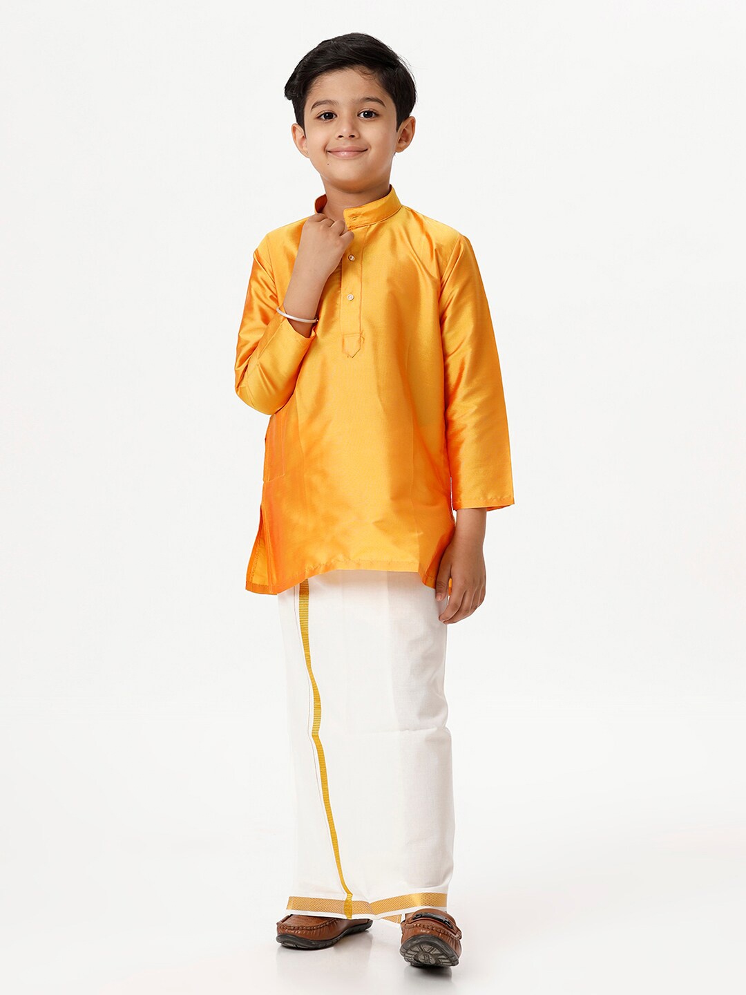 

Ramraj Boys Mandarin Collar Full Sleeves Kurta With Dhoti Set, Yellow