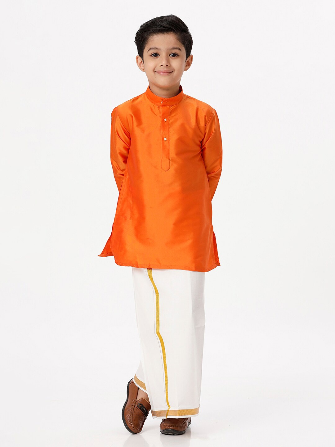 

Ramraj Boys Mandarin Collar Full Sleeves Kurta With Dhoti Set, Orange