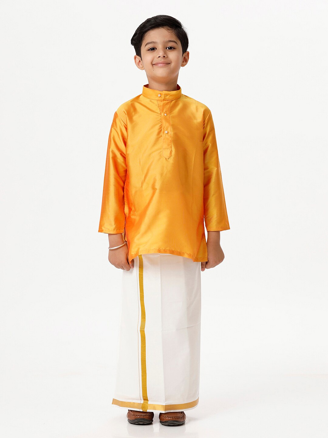 

Ramraj Boys Mandarin Collar Full Sleeves Kurta With Dhoti Set, Yellow