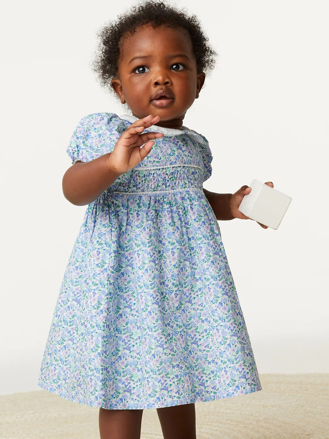 

Marks & Spencer Floral Printed Puff Sleeves Smocked Pure Cotton A-Line Dress, Blue