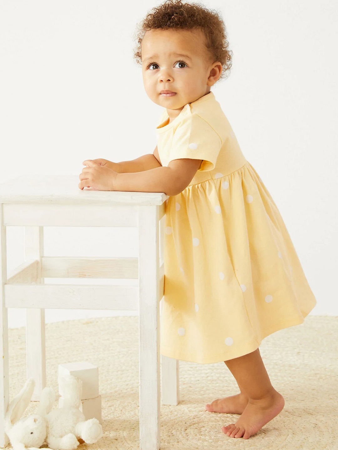 

Marks & Spencer Infant Polka Dot Printed Round Neck Cotton A-Line Dress, Yellow