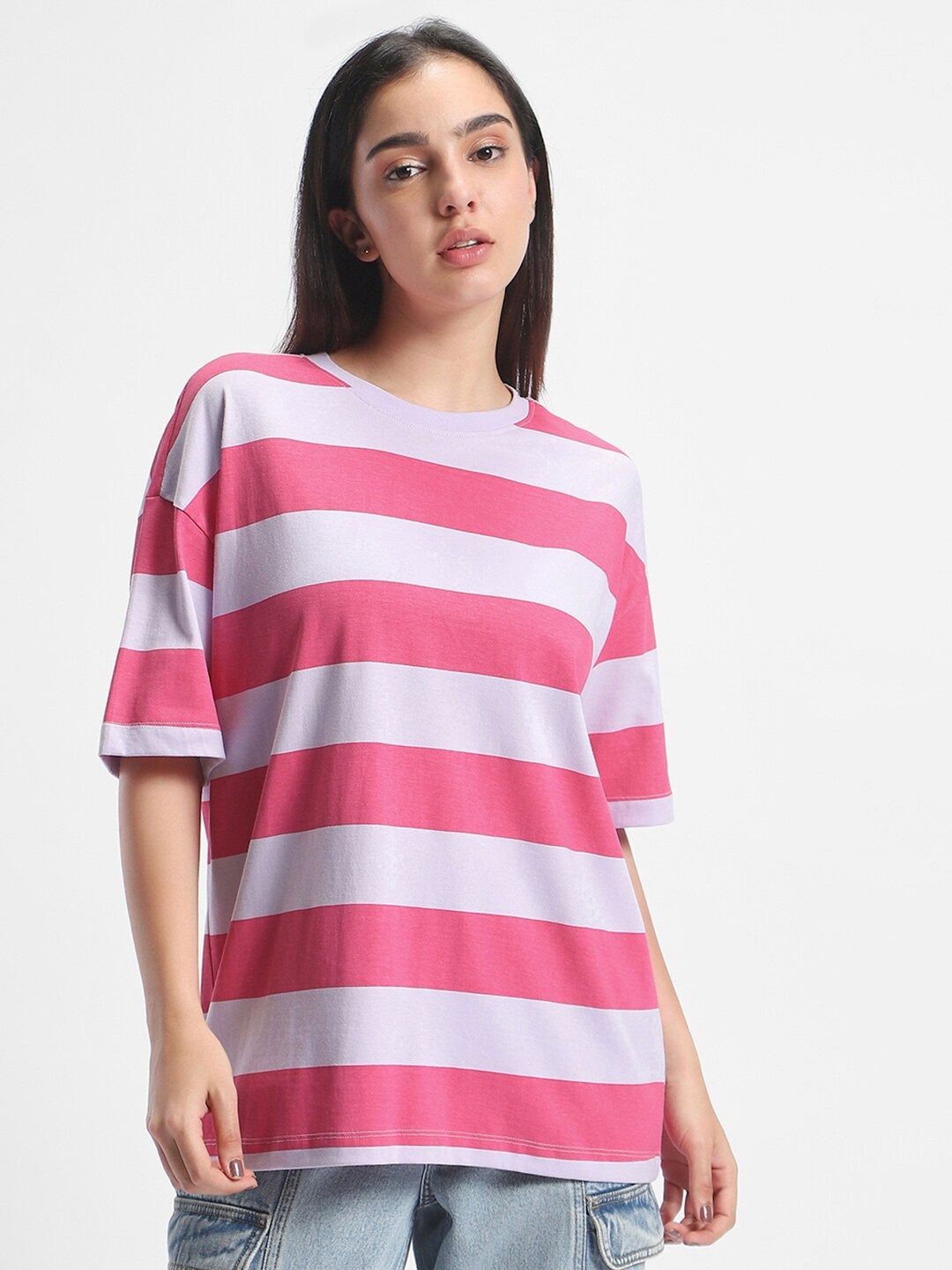 

Bewakoof Off White & Pink Striped Oversized T-shirt