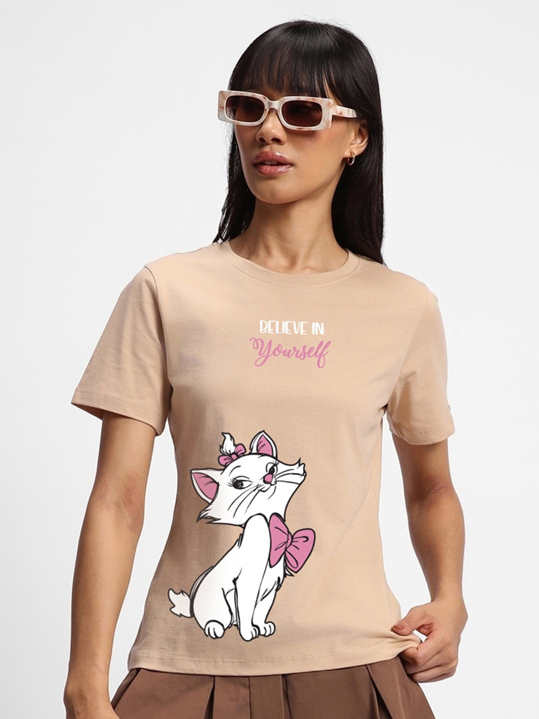 

Bewakoof Believe Cat Graphic Printed Pure Cotton T-shirt, Brown