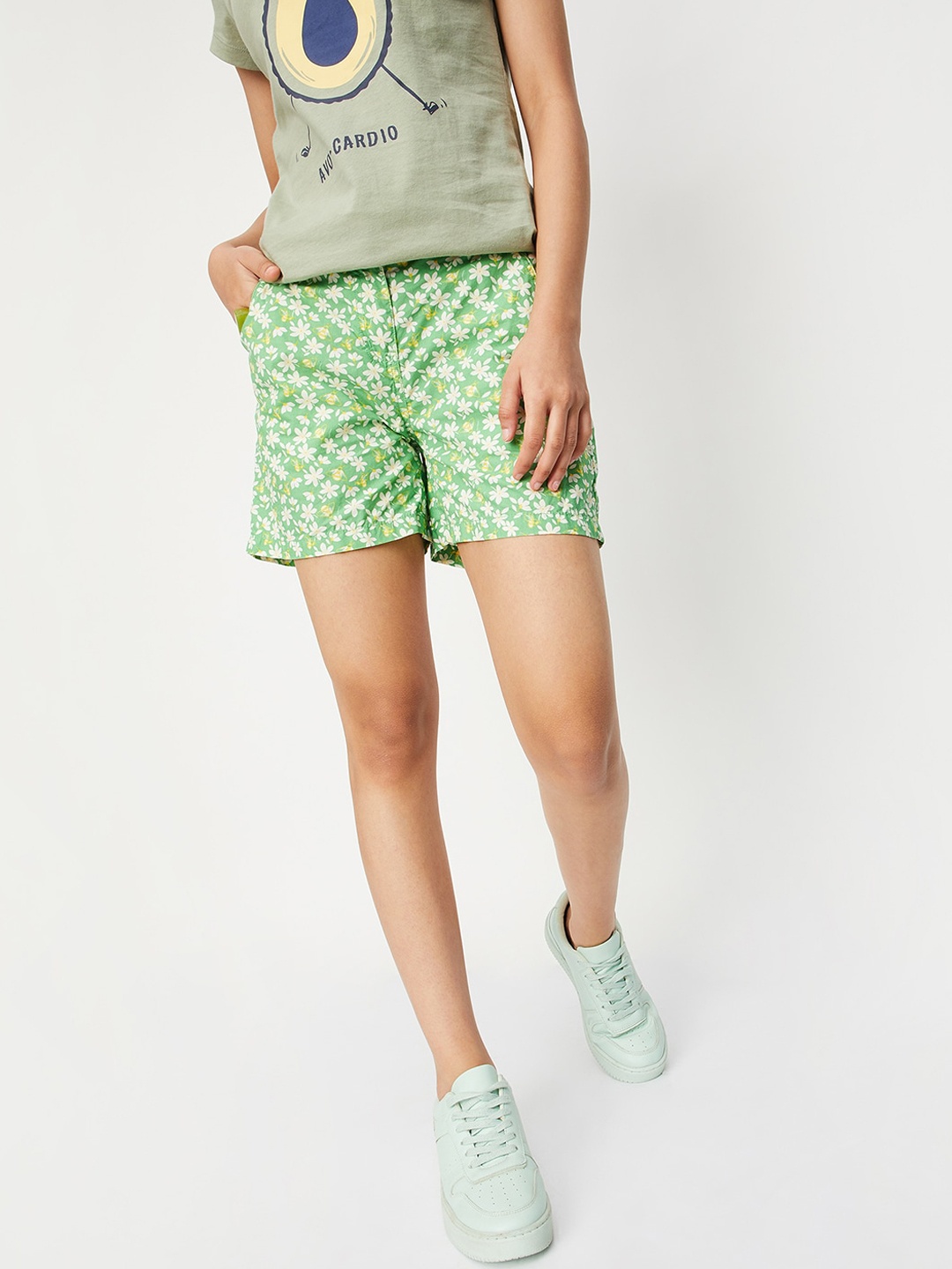 

max Girls Floral Printed Pure Cotton Rapid Dry Regular Shorts, Green