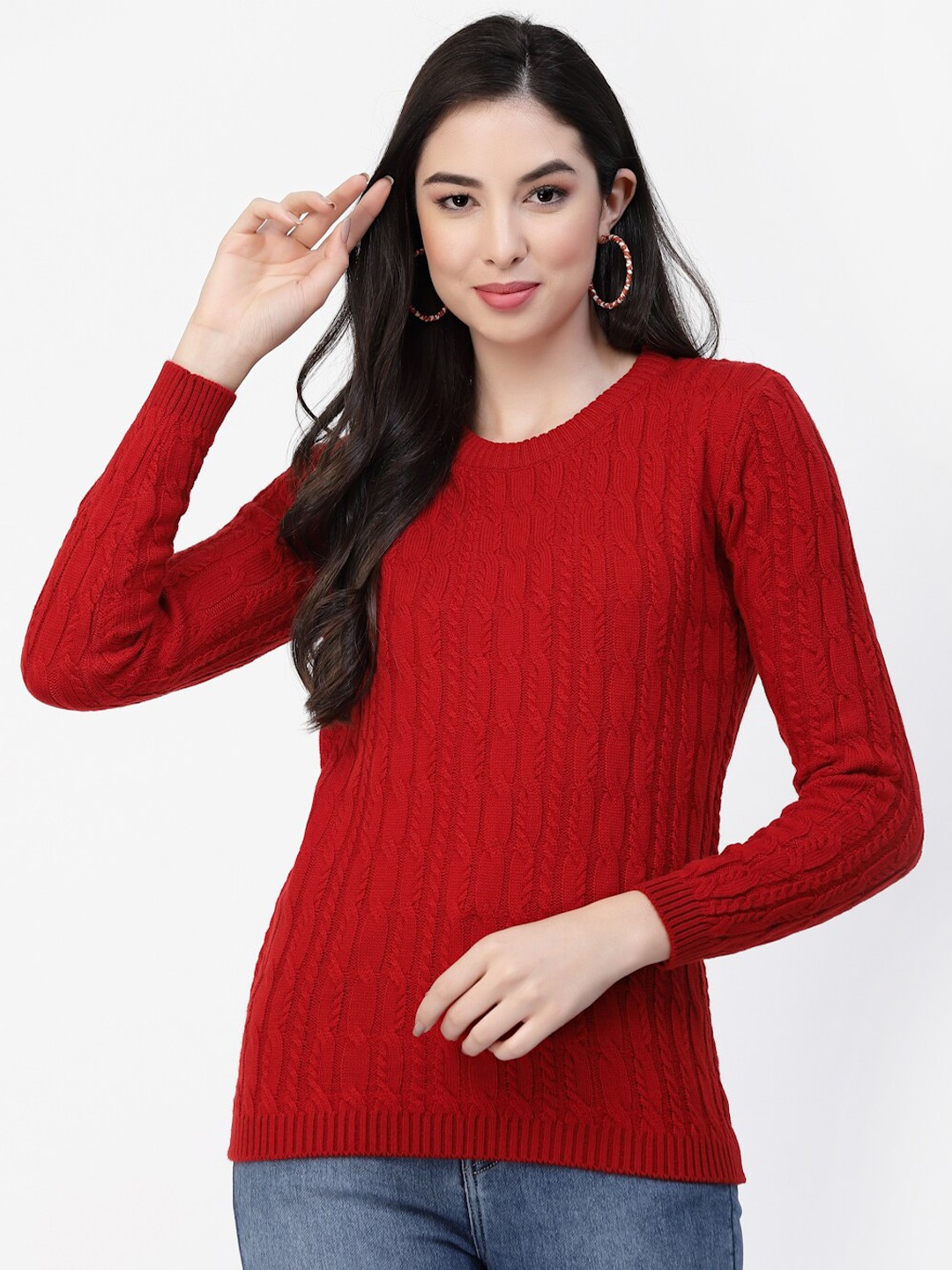 

Kalt Round Neck Cable Knit Acrylic Sweater, Red