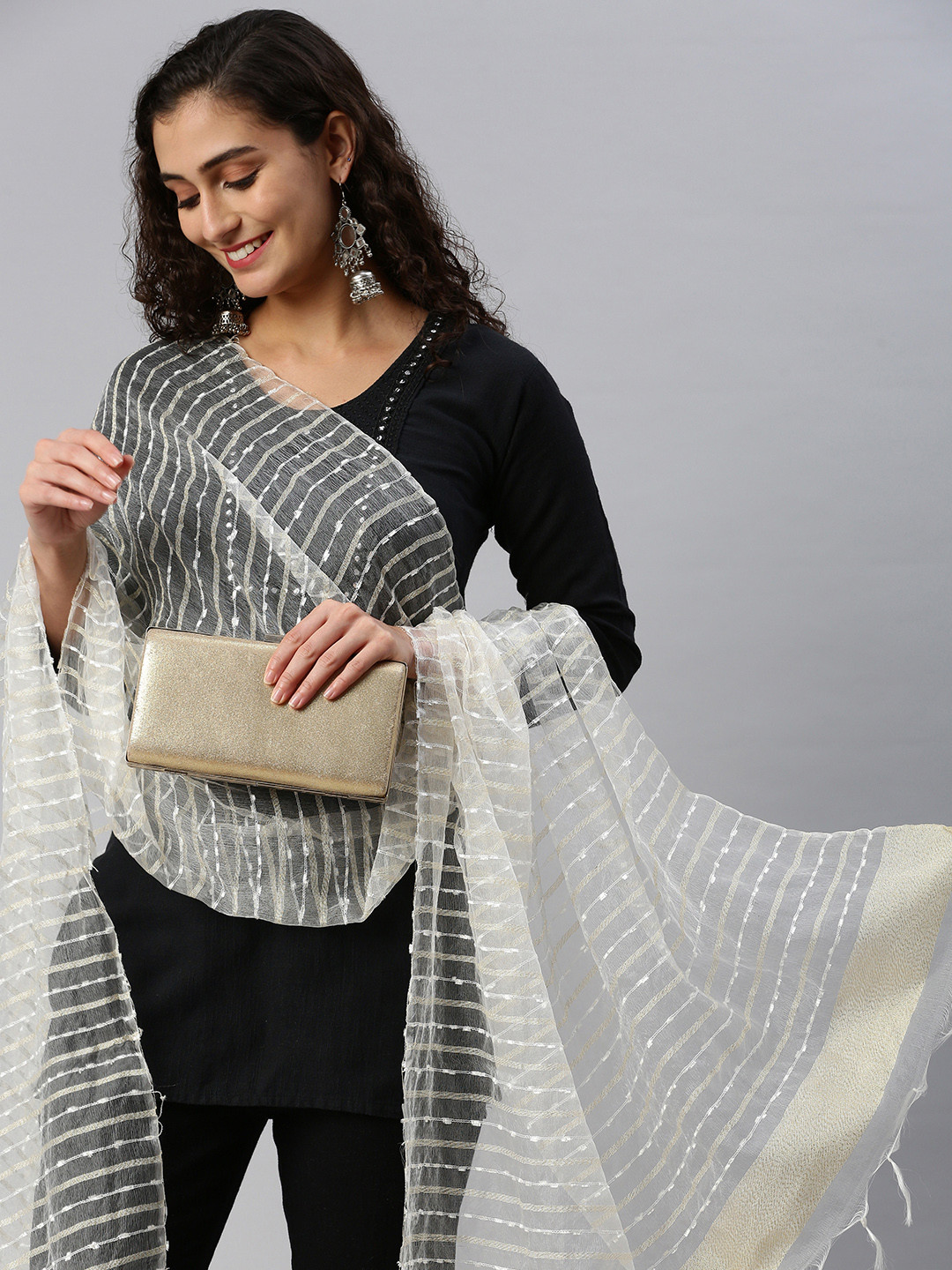 

swatika Striped Woven Design Dupatta, Cream