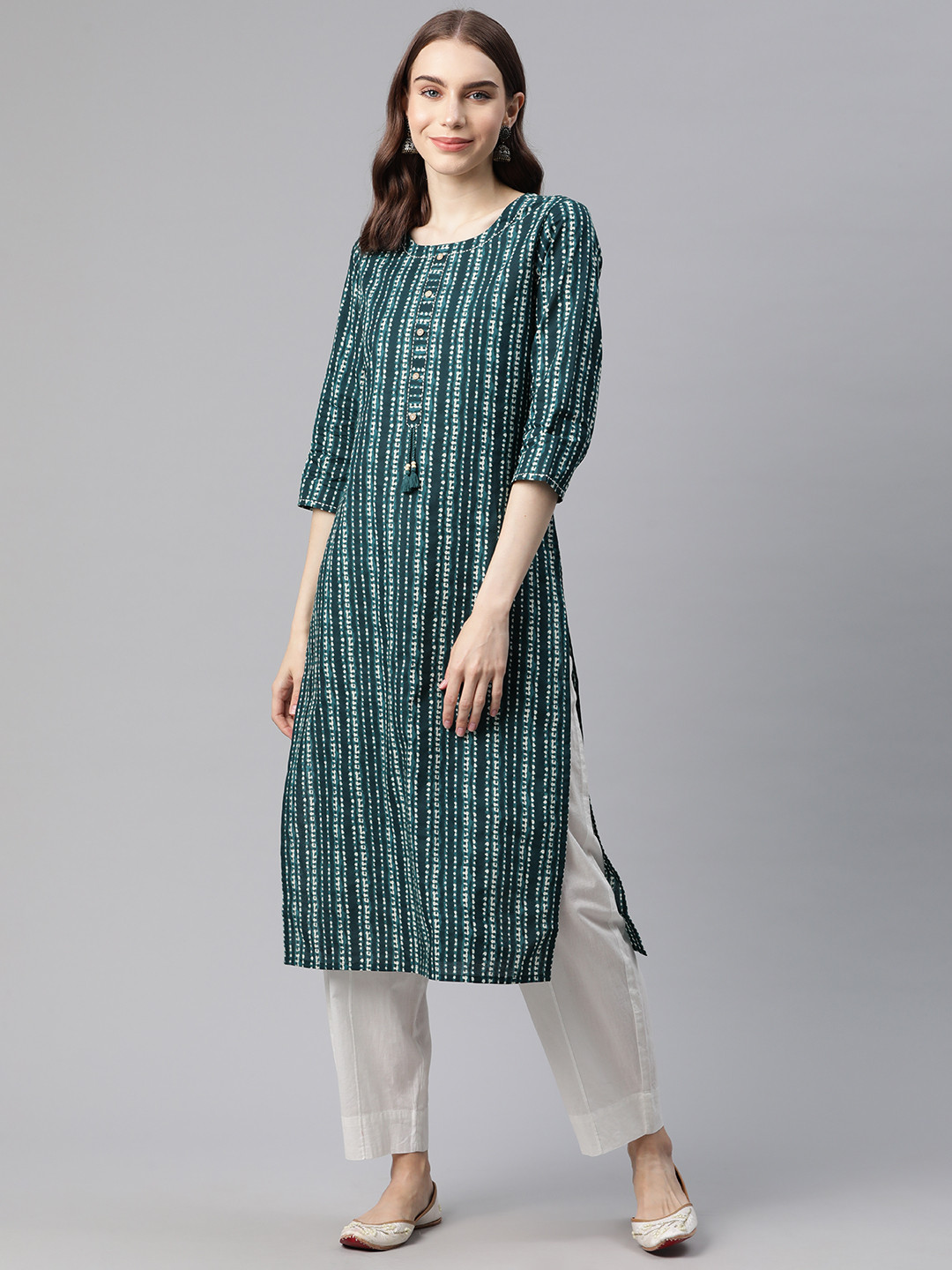 

PIROH Women Striped Straight Kurta, Teal