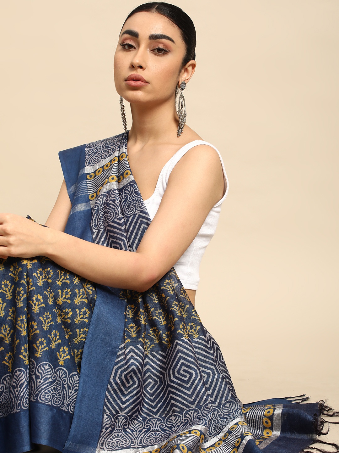 

Taavi Navy Blue Batik Silk Blend Handloom Block Print Saree