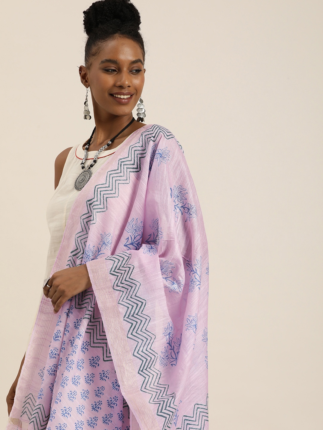 

Taavi Woven Design Block Print Dupatta, Purple