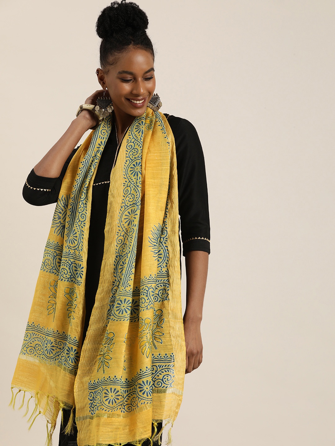 

Taavi Ethnic Motifs Woven Design Block Print Dupatta, Yellow