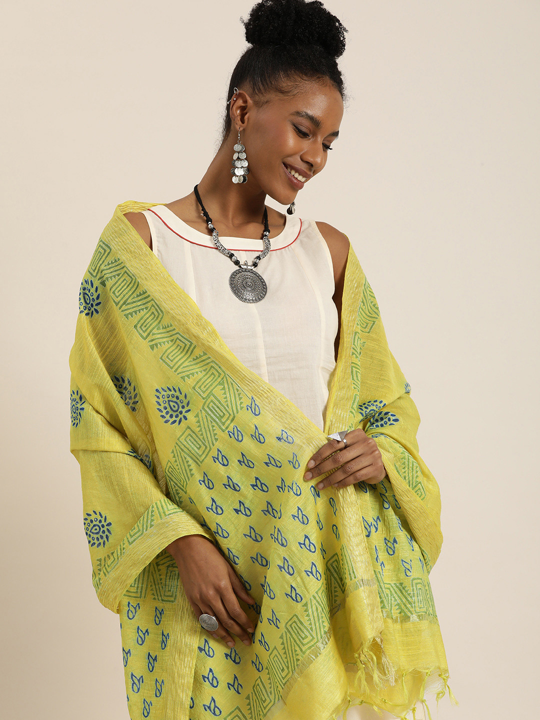 

Taavi Ethnic Motifs Woven Design Block Print Dupatta, Yellow