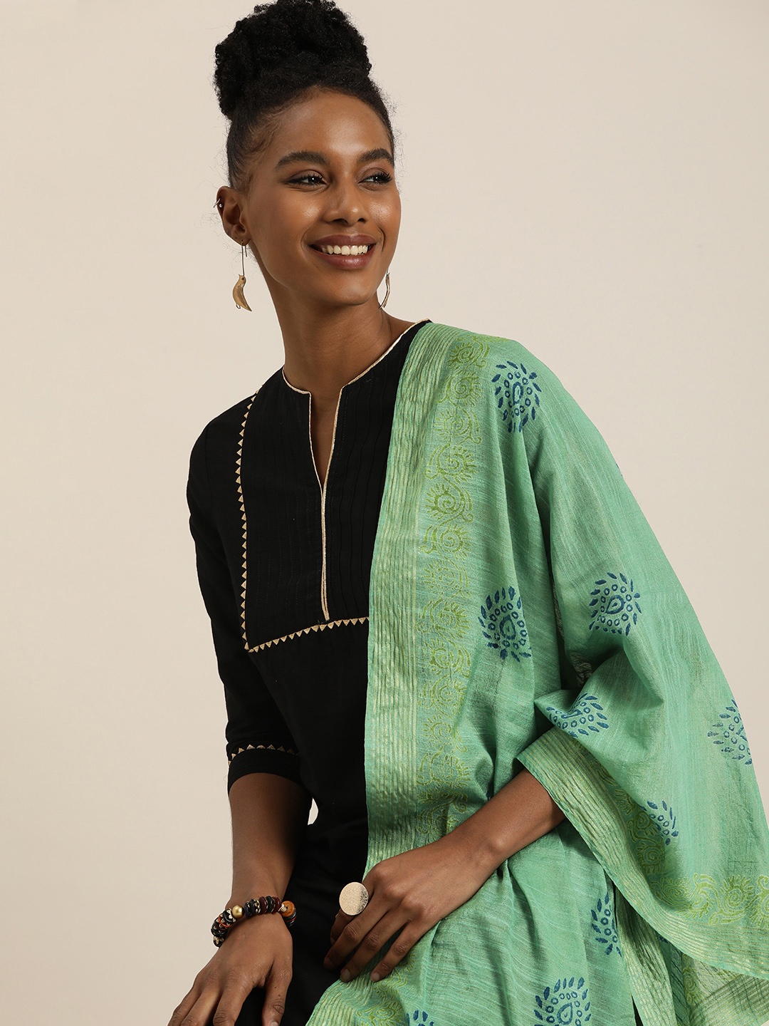 

Taavi Ethnic Motifs Woven Design Block Print Dupatta, Green