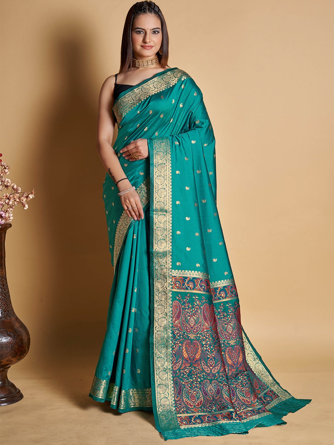 

PHEASANT Ethnic Motifs Printed Zari Art Silk Saree, Blue