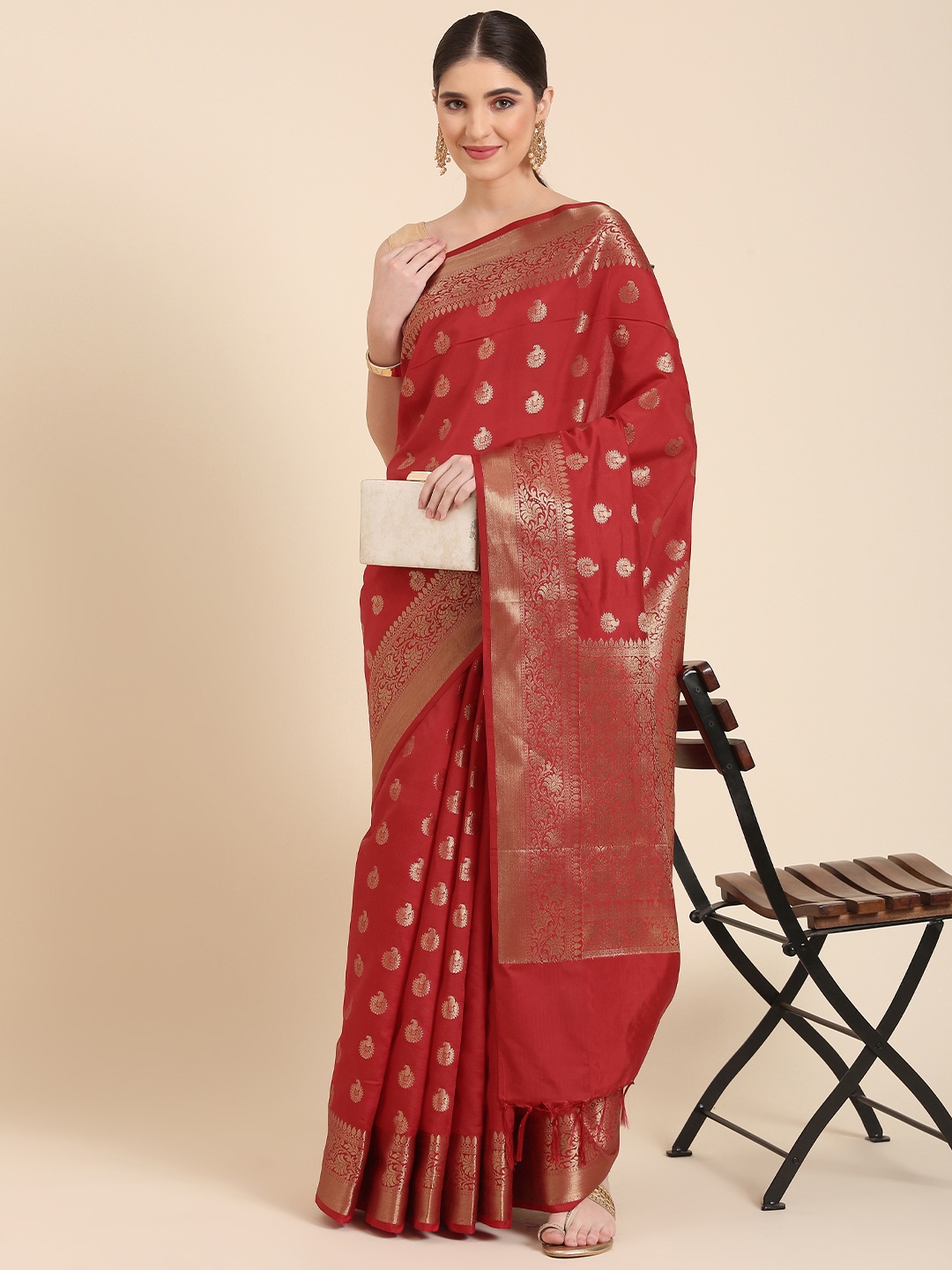 

swatika Woven Design Ethnic Motifs Zari Banarasi Saree, Red