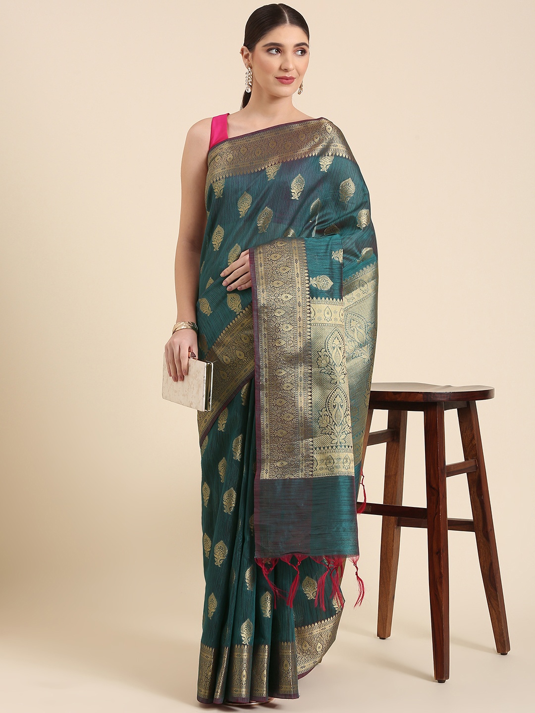 

swatika Woven Design Ethnic Motifs Zari Banarasi Saree, Green